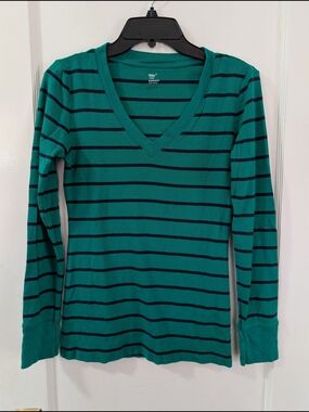 GAP Green & Navy Striped V-Neck Long Sleeve Top